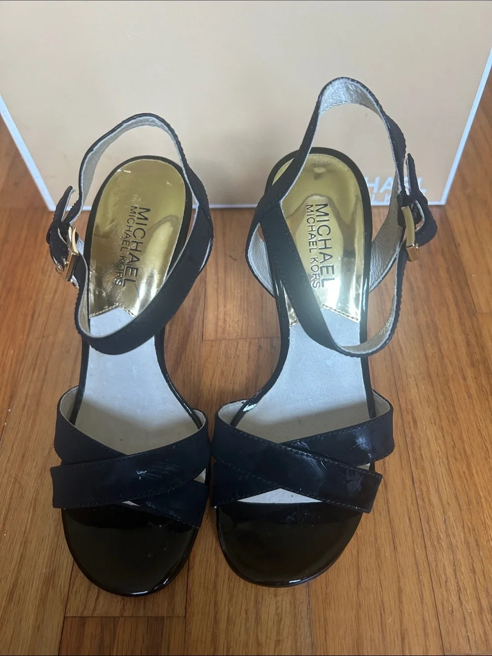 Michael Kors Black Patent & Leather Crisscross Ankle-Strap Heels